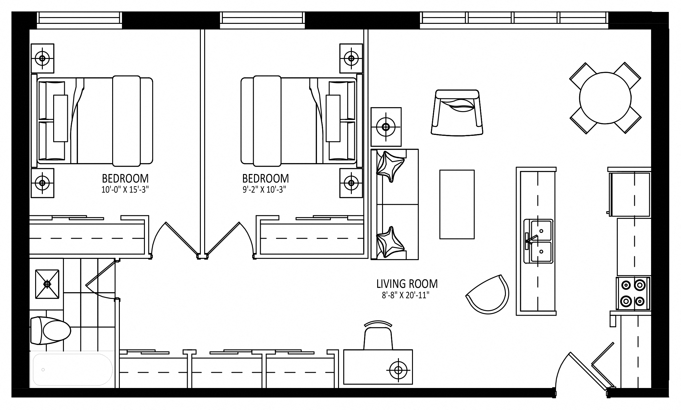 Floor plan for 2 beds, 1 bath, 845 sqft